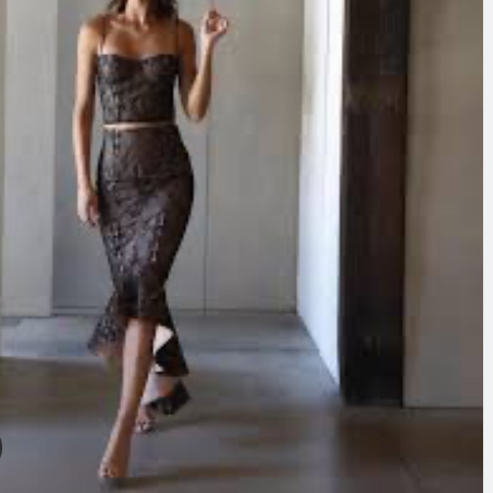 Elle Zeitoune Halle black lace nude fishtail mermaid high low skirt